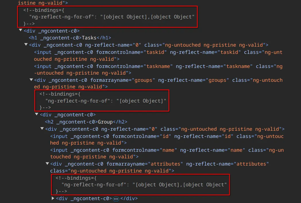 A representation of the DOM with several parasitic HTML comments added by Angular.