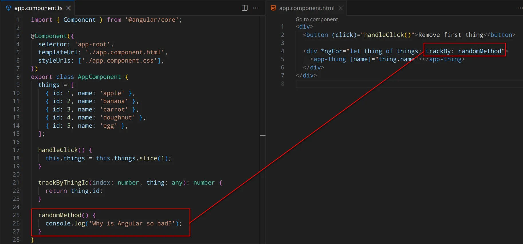 Use of a function displaying a console.log in Angular's 'trackBy' tag. No errors detected in the IDE.