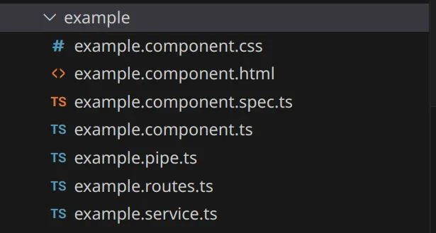 List of files in VS Code Explorer. The files example.component.ts, example.pipe.ts, example.routes.ts, and example.service.ts all have the same icon without the Material Icon Theme extension.