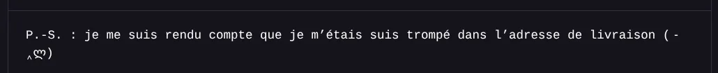 Un exemple de courriel avec un kaomoji rompu et affiché sur deux lignes.