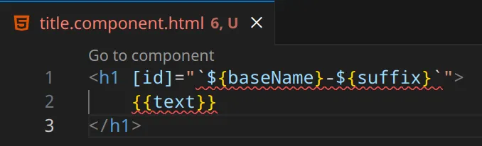 Example of using template literals in HTML with Angular. All HTML code is underlined in bright red.