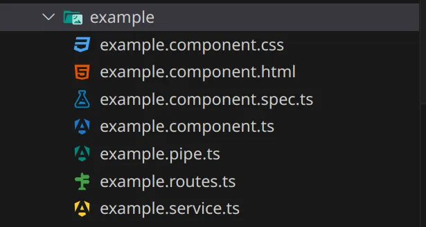 Liste de fichiers dans l'explorateur de VS Code. Les fichiers example.component.ts, example.pipe.ts, example.routes.ts et example.service.ts ont à présent tous une icône différente grâce à l'extension Material Icon Theme.