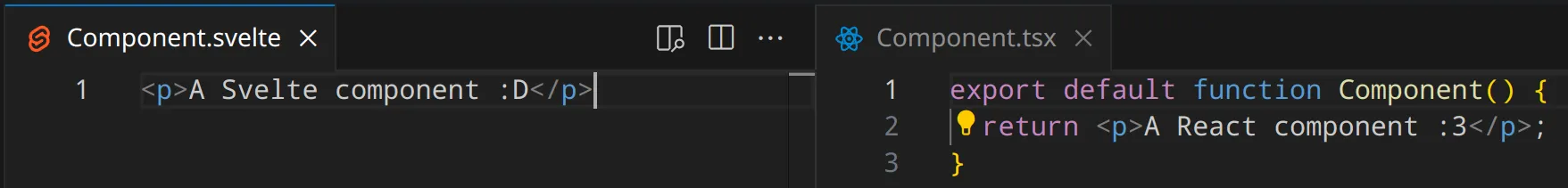 Examples of React and Svelte components. The Svelte component has a single line, while the React component has three.