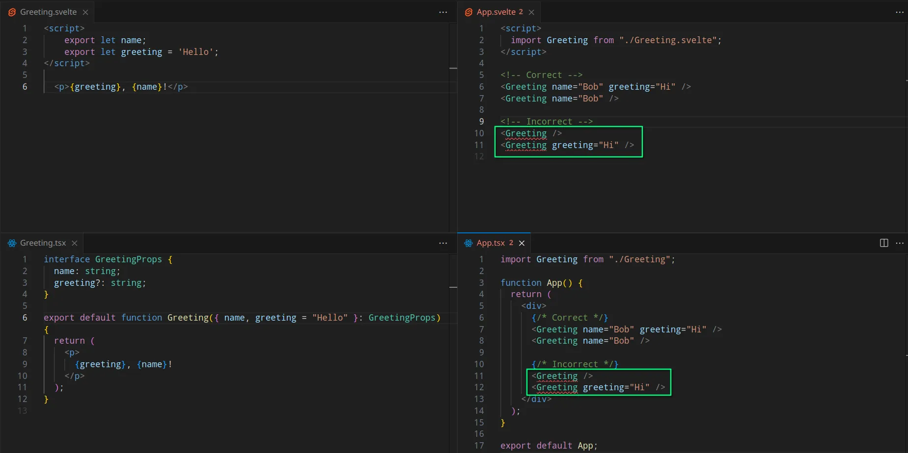 Example of React and Svelte components with attributes. If a mandatory attribute is missing, an error is displayed.