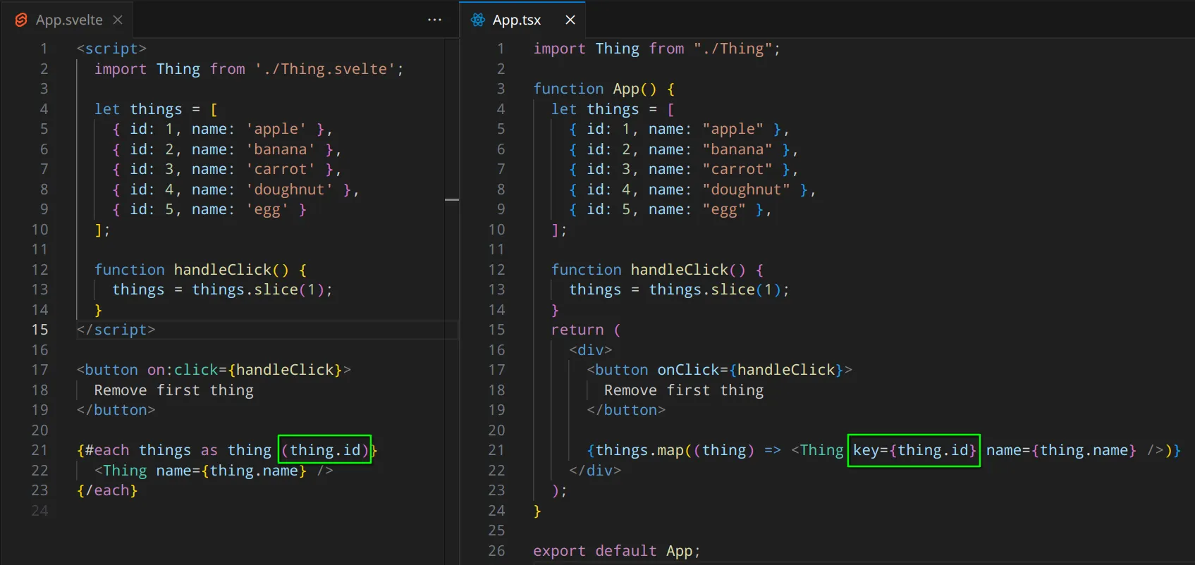 Exemple d'utilisation de la props 'key' avec React et Svelte.