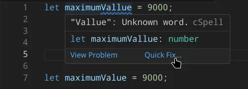 Code snippet with two variable declarations. The first one, maximumVallue is underlined thanks to the extension but the second one, maximumValue is not.