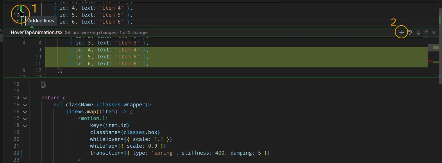 Three lines edited with VS Code and a panel opened to stage them.