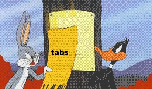 Daffy Duck and Bugs Bunny se querellant pour choisir s’il faut utiliser une espace ou une indentation.