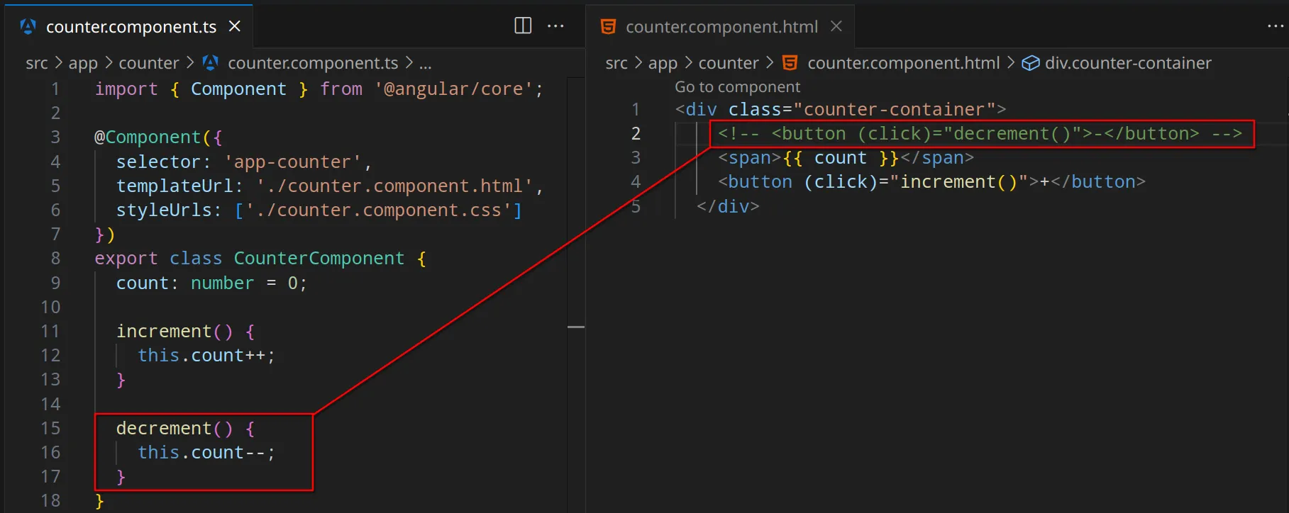 Une capture de code montrant qu'Angular ne met pas en évidence les méthodes non utilisées.